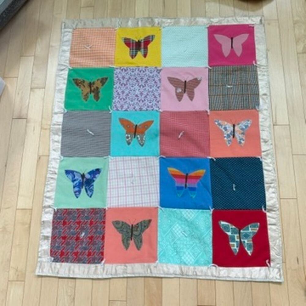 Butterfly Satin Trim Handmade Lap Quilt Unisex Multi Patchwork Crib Blanket